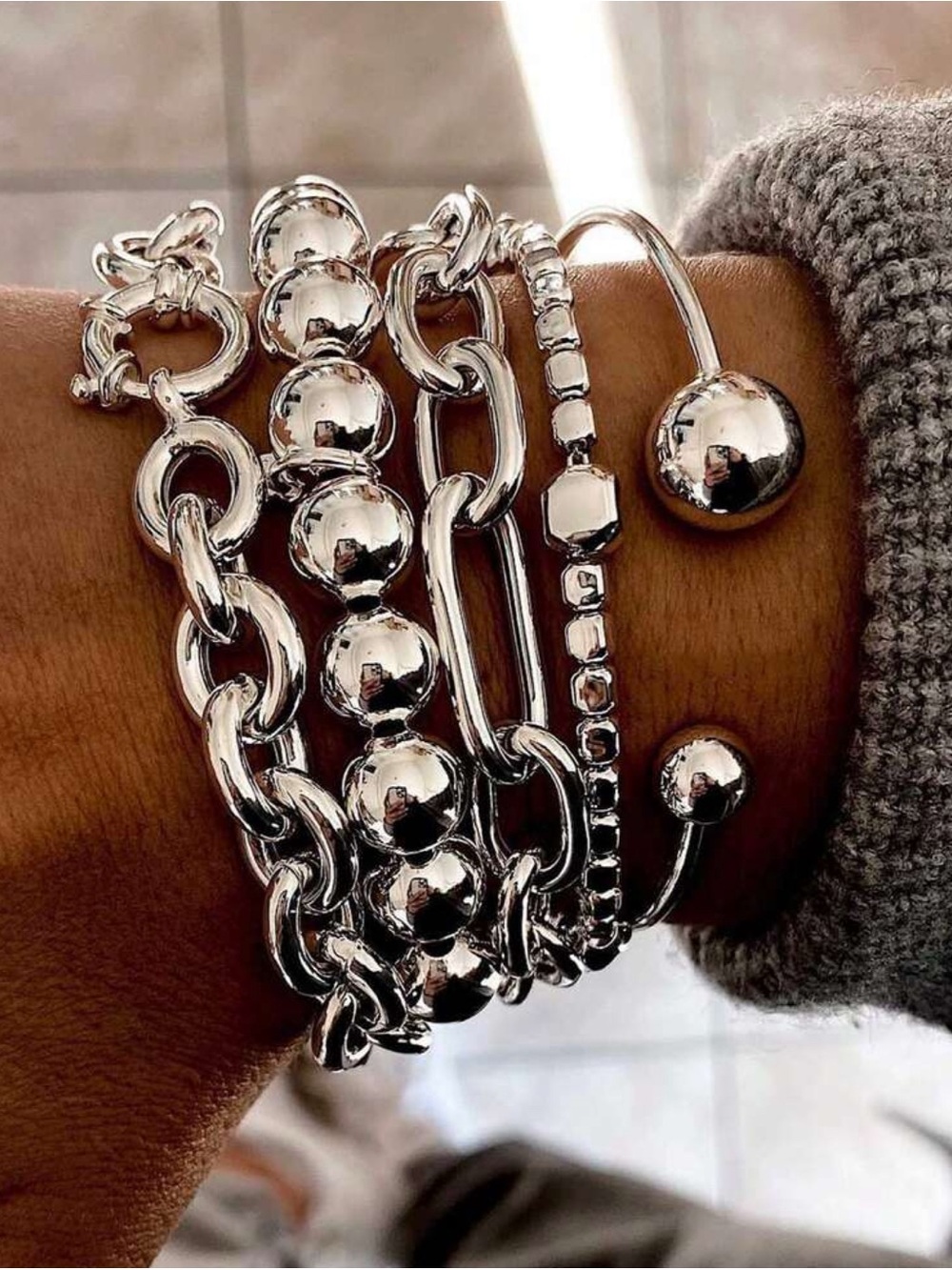 5pcs Trendy Silver Mixed Chain Bracelet Set